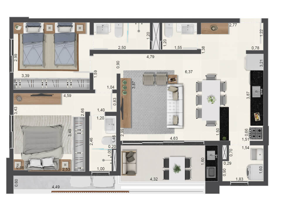 Apartamentos de 2 suítes 81m² - Finais 01 e 02 -Torre C - Aruna Ubatuba